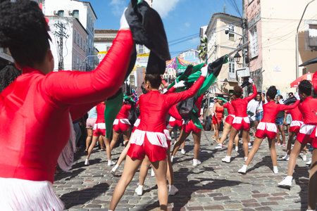 Salvador, Bahia, Brazil - July 02, 2024: Public school students are seen performing during an Independence Day party in Bahia. Pelourinho, city of Salvador.のeditorial素材