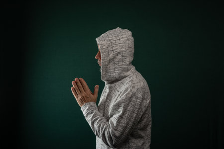 Mysterious man wearing hooded sweatshirt making hand gestures. Isolated on darkened background.の写真素材