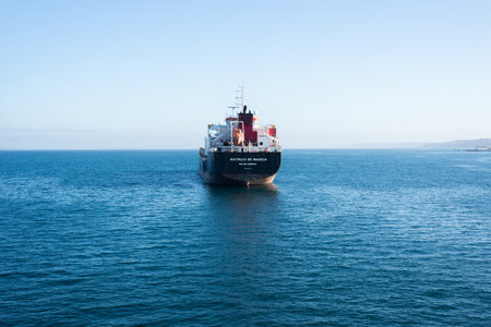 Itacare, Bahia, Brazil - November 29, 2019: View of a huge cargo ship in the Bay of All Saints in the city of Salvador, Bahia, Brazil.のeditorial素材