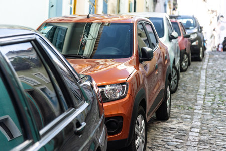 Salvador, Bahia, Brazil - July 27, 2024: Several cars parked on a street in Pelourinho, historic center of Salvador, Bahia.のeditorial素材