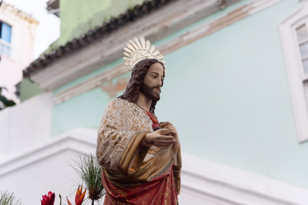 Salvador, Bahia, Brazil - July 27, 2024: View of the image of Jesus Christ arriving at the Church of the Holy Sacrament of Passo after a procession. Pelourinho, Salvador, Bahia.のeditorial素材