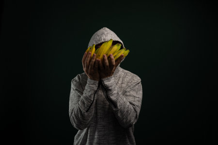 Mysterious man wearing hoodie holding bunch of yellow bananas in front of his face. Isolated on dark background.の写真素材