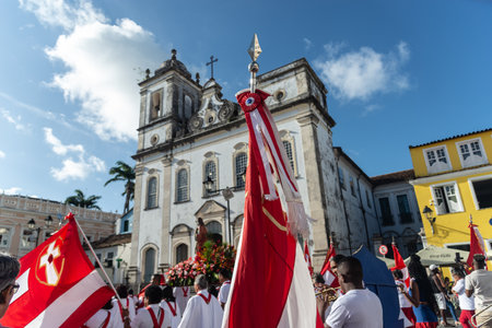 Salvador, Bahia, Brazil - July 27, 2024: Hundreds of Catholics are seen parading during the Sacred Heart of Jesus procession in Pelourinho. City of Salvador, Bahia.のeditorial素材