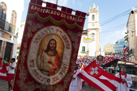 Salvador, Bahia, Brazil - July 27, 2024: Catholic faithful are seen in a religious procession through the streets of Pelourinho, the historic center of the city of Salvador, Bahia.のeditorial素材
