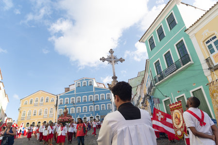 Salvador, Bahia, Brazil - July 27, 2024: Hundreds of Catholics are seen parading during the Sacred...