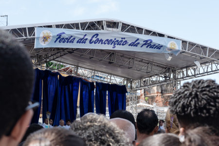 Salvador, Bahia, Brazil - December 08, 2019: Catholic faithful are seen participating in the open-air mass at the Conceicao da Praia church in the city of Salvador, Bahia.のeditorial素材