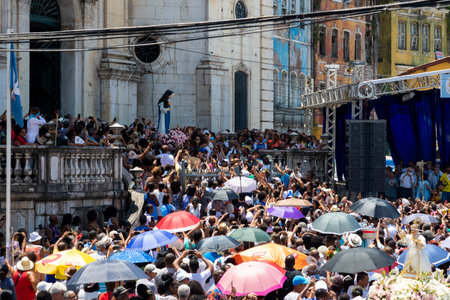 Salvador, Bahia, Brazil - December 08, 2019: Catholic faithful are seen participating in the open-air mass at the Conceicao da Praia church in the city of Salvador, Bahia.のeditorial素材