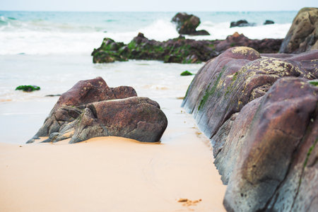 View of dark sea rocks against the ocean and cloudy sky. Preserved nature. Salvador, Brazilの写真素材