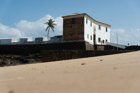 Salvador, Bahia, Brazil - September 01, 2024: Low view of the Santa Maria Fort, during a cloudy day, located in Poorto da Barra in the city of Salvador, Bahia.のeditorial素材