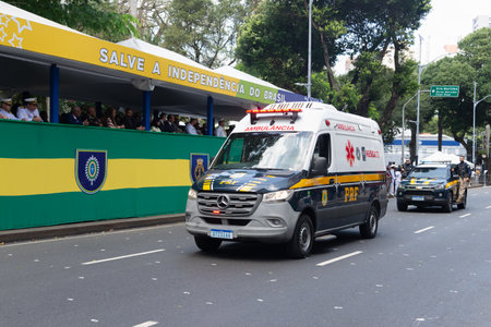Salvador, Bahia, Brazil - September 07, 2024: A federal police rescue ambulance is seen during a parade on Brazilian Independence Day in the city of Salvador, Bahia.のeditorial素材