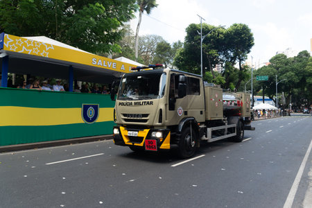 Salvador, Bahia, Brazil - September 07, 2024: A truck from the special battalion of the Bahia military police is seen during a parade on Brazilian Independence Day in the city of Salvador, Brazil.のeditorial素材