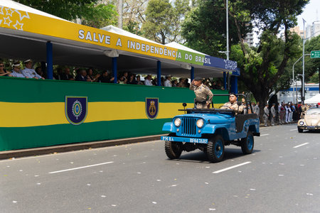 Salvador, Bahia, Brazil - September 07, 2024: An old military police jeep is seen during a parade on Brazilian Independence Day in the city of Salvador, Bahia.のeditorial素材