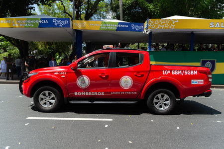 Salvador, Bahia, Brazil - September 07, 2024: View of a fire brigade car parading during Brazilian Independence Day in the city of Salvador, Bahia.のeditorial素材