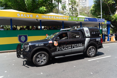 Salvador, Bahia, Brazil - September 07, 2024: A military penal police car is seen during the Brazilian Independence Day parade in the city of Salvador, Bahia.のeditorial素材