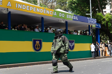 Salvador, Bahia, Brazil - September 07, 2024: A soldier with anti-bomb protection is seen during the Brazilian Independence Day parade in the city of Salvador.のeditorial素材