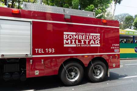 Salvador, Bahia, Brazil - September 07, 2024: A fire department water truck is seen stopping during Brazilian Independence Day in the city of Salvador, Bahia.のeditorial素材