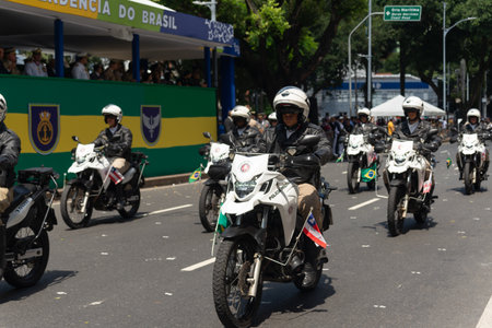 Salvador, Bahia, Brazil - September 07, 2024: Police officers are seen stopping on motorcycles on Brazilian Independence Day. City of Salvador, Bahia.のeditorial素材