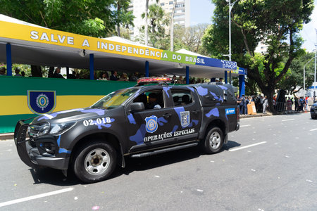 Salvador, Bahia, Brazil - September 07, 2024: A special operations vehicle of the municipal civil guard is seen during the Brazilian Independence Day parade in the city of Salvador, Bahia.のeditorial素材
