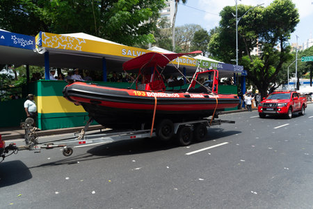 Salvador, Bahia, Brazil - September 07, 2024: View of a fire brigade car and sea rescue parade during Brazilian Independence Day in the city of Salvador, Bahia.のeditorial素材