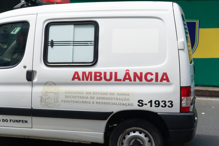 Salvador, Bahia, Brazil - September 07, 2024: A Bahia Penal Police ambulance car is seen during the Brazilian Independence Day parade in the city of Salvador.のeditorial素材