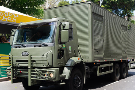 Salvador, Bahia, Brazil - September 07, 2024: An army box truck is seen during a parade on Brazilian Independence Day in the city of Salvador, Bahia.のeditorial素材