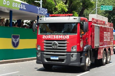 Salvador, Bahia, Brazil - September 07, 2024: A fire department water truck is seen stopping during...