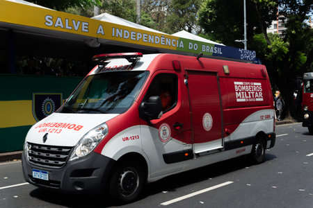 Salvador, Bahia, Brazil - September 07, 2024: A fire department ambulance is seen parading during Brazilian Independence Day in the city of Salvador, Bahia.のeditorial素材