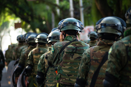Salvador, Bahia, Brazil - September 07, 2024: Army soldiers are seen standing during the celebration of Brazilian Independence Day. City of Salvador, Bahia.のeditorial素材