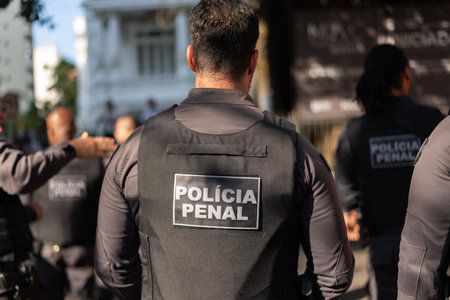 Salvador, Bahia, Brazil - September 07, 2024: Prison police soldiers are seen in formation during the celebration of Brazilian Independence Day in the city of Salvador, Bahia.のeditorial素材