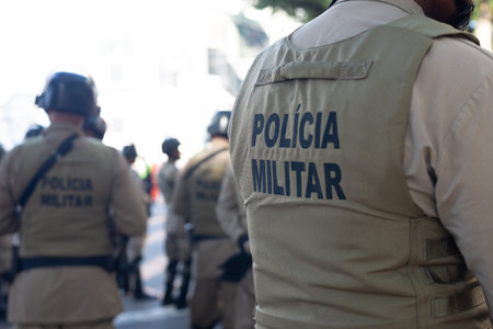 Salvador, Bahia, Brazil - September 07, 2024: Military police troops are seen parading during the celebration of Brazilian Independence Day in the city of Salvador, Bahia.のeditorial素材