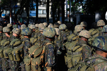 Salvador, Bahia, Brazil - September 07, 2024: Army troops are seen preparing for the Brazilian Independence Day parade. City of Salvador, Bahia.のeditorial素材