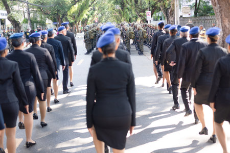 Salvador, Bahia, Brazil - September 07, 2024: Soldiers from the Bahia Military Police are seen in formation during the celebration of Brazilian Independence Day in the city of Salvador, Brazil.のeditorial素材