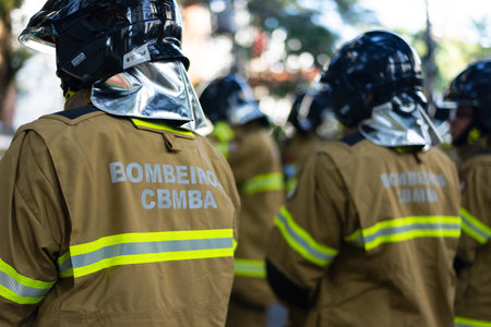 Salvador, Bahia, Brazil - September 07, 2024: Rescue soldiers are seen in formation during the celebration of Brazilian Independence Day in the city of Salvador, Bahia.のeditorial素材