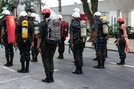 Salvador, Bahia, Brazil - September 07, 2024: Rescue soldiers are seen in formation during the celebration of Brazilian Independence Day in the city of Salvador, Bahia.のeditorial素材