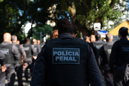 Salvador, Bahia, Brazil - September 07, 2024: Military police officers from the penal area are seen in formation during the celebration of Brazilian Independence Day in the city of Salvador, Bahia.のeditorial素材