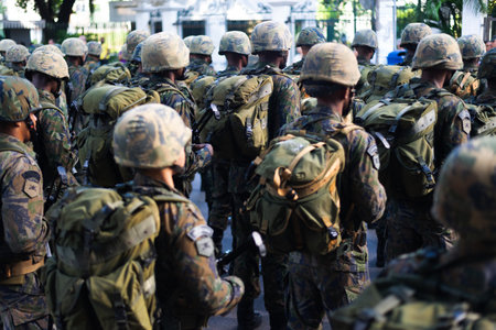 Salvador, Bahia, Brazil - September 07, 2024: Army soldiers are seen standing during the celebration of Brazilian Independence Day. City of Salvador, Bahia.のeditorial素材