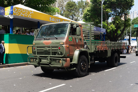 Salvador, Bahia, Brazil - September 07, 2024: An army truck is seen during a parade on Brazilian Independence Day in the city of Salvador, Bahia.のeditorial素材