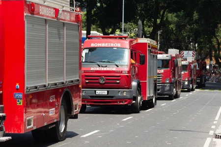 Salvador, Bahia, Brazil - September 07, 2024: Fire trucks are seen during the Brazilian Independence Day parade in the city of Salvador, Bahia.のeditorial素材