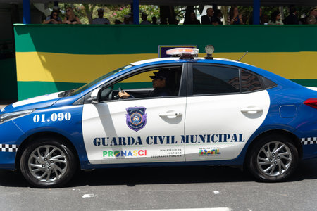 Salvador, Bahia, Brazil - September 07, 2024: A municipal civil guard car is seen during the Brazilian Independence Day parade in the city of Salvador, Bahia.のeditorial素材