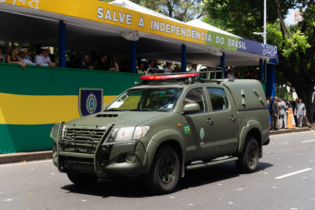 Salvador, Bahia, Brazil - September 07, 2024: An army vehicle is seen during a parade on Brazilian Independence Day in the city of Salvador, Bahia.のeditorial素材