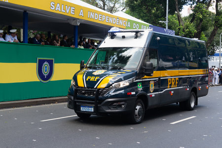 Salvador, Bahia, Brazil - September 07, 2024: A federal police patrol car is seen during a parade on Brazilian Independence Day in the city of Salvador, Bahia.のeditorial素材