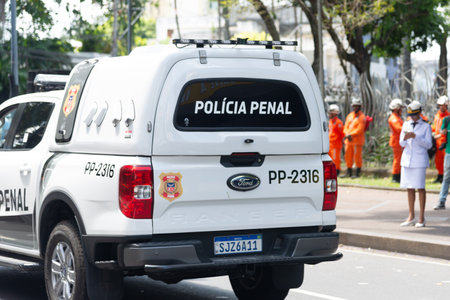 Salvador, Bahia, Brazil - September 07, 2024: A white Bahia Penal Police car is seen during the...