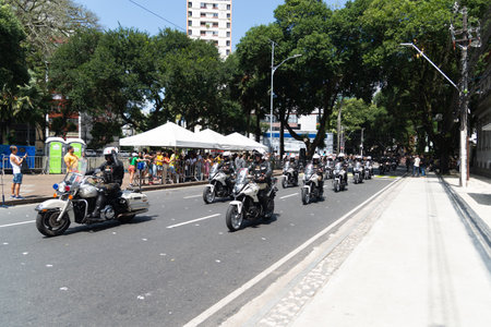 Salvador, Bahia, Brazil - September 07, 2024: Military motorcycle riders from the army police are seen parading on Brazilian Independence Day in the city of Salvador, Bahia.のeditorial素材