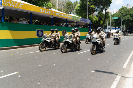 Salvador, Bahia, Brazil - September 07, 2024: Police officers are seen stopping on motorcycles on Brazilian Independence Day. City of Salvador, Bahia.のeditorial素材