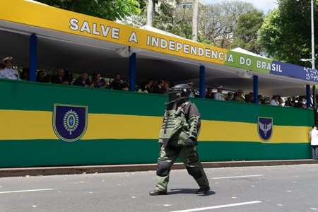 Salvador, Bahia, Brazil - September 07, 2024: A soldier in a bomb-proof uniform is seen during a Brazilian Independence Day parade in the city of Salvador.のeditorial素材