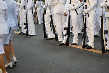 Salvador, Bahia, Brazil - September 07, 2024: Navy soldiers are seen standing during the celebration of Brazilian Independence Day. City of Salvador, Bahia.のeditorial素材
