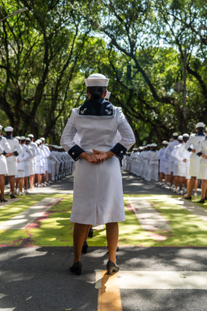 Salvador, Bahia, Brazil - September 07, 2024: Navy personnel are seen in formation during the celebration of Brazilian independence in the city of Salvador, Bahia.のeditorial素材