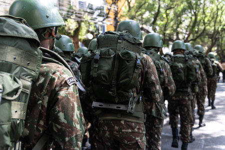 Salvador, Bahia, Brazil - September 07, 2024: Army soldiers are seen marching in the celebration of Brazilian independence in the city of Salvador, Bahia.のeditorial素材