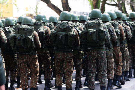 Salvador, Bahia, Brazil - September 07, 2024: Army soldiers are seen parading in the celebration of Brazilian independence in the city of Salvador, Bahia.のeditorial素材