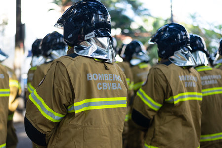 Salvador, Bahia, Brazil - September 07, 2024: Firefighters are seen in formation during the celebration of Brazilian Independence Day in the city of Salvador, Bahia.のeditorial素材
